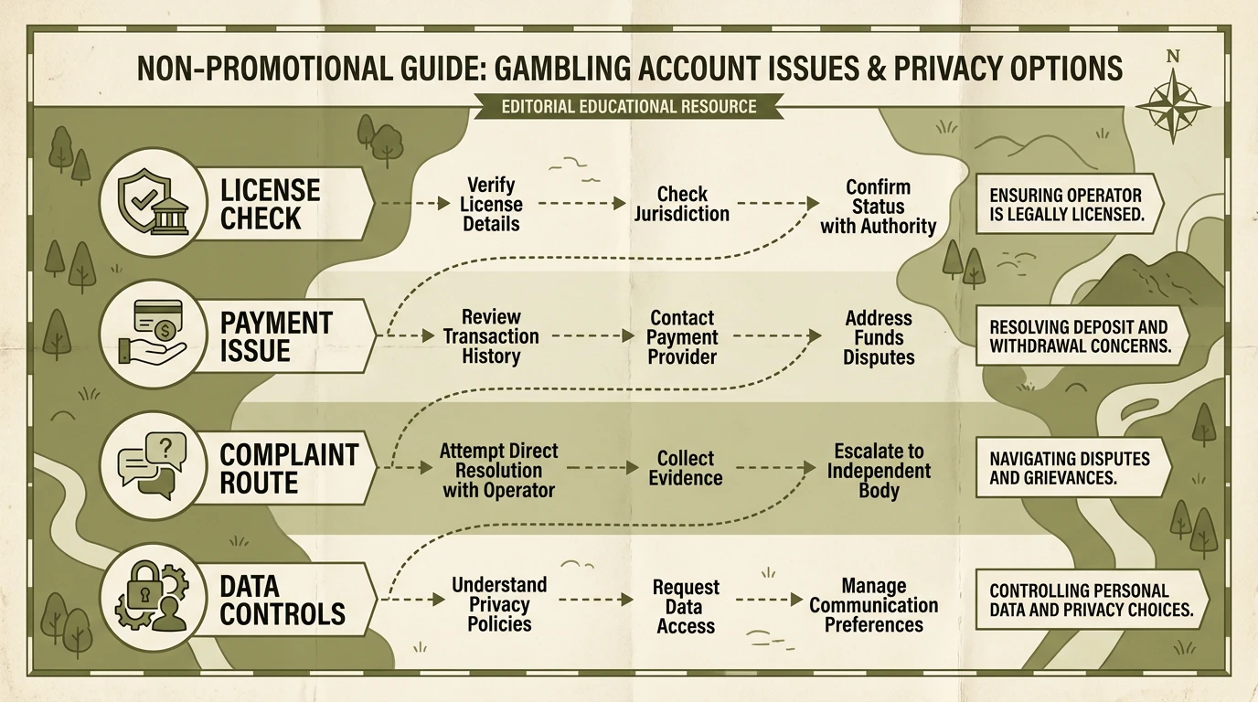 A non-promotional guide map for licence checks, payment checks, complaints and privacy choices