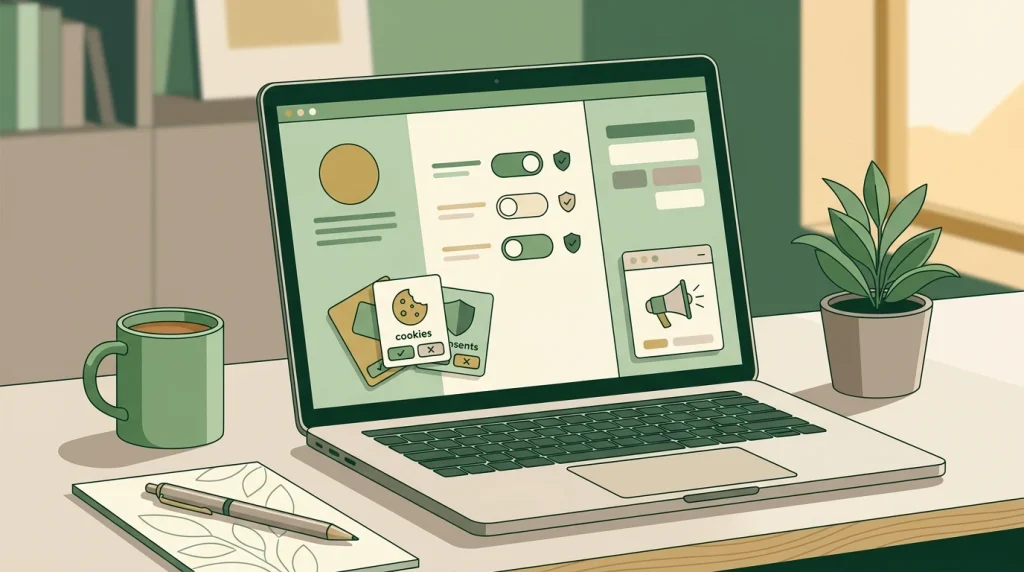 Privacy controls, cookie settings and muted gambling marketing messages arranged as a protective checklist