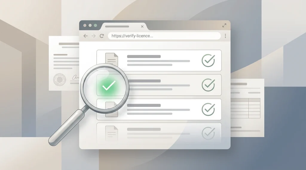 Clean desk scene with a public register checklist, domain match line and cautious verification markers