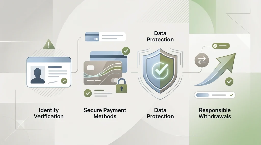Editorial checklist showing payment cards, identity documents, withdrawal arrows and protective warning markers