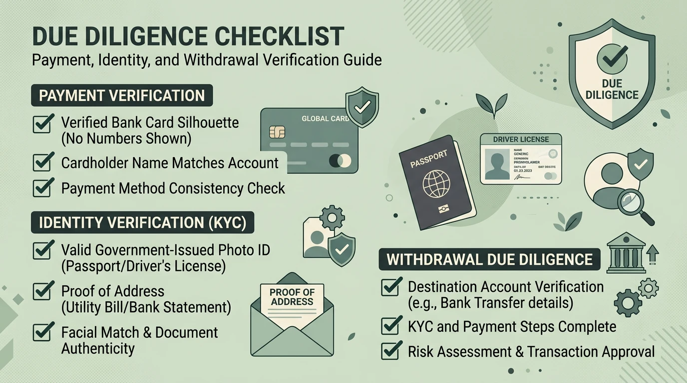A checklist for licence status, identity checks, payment rules and withdrawal terms