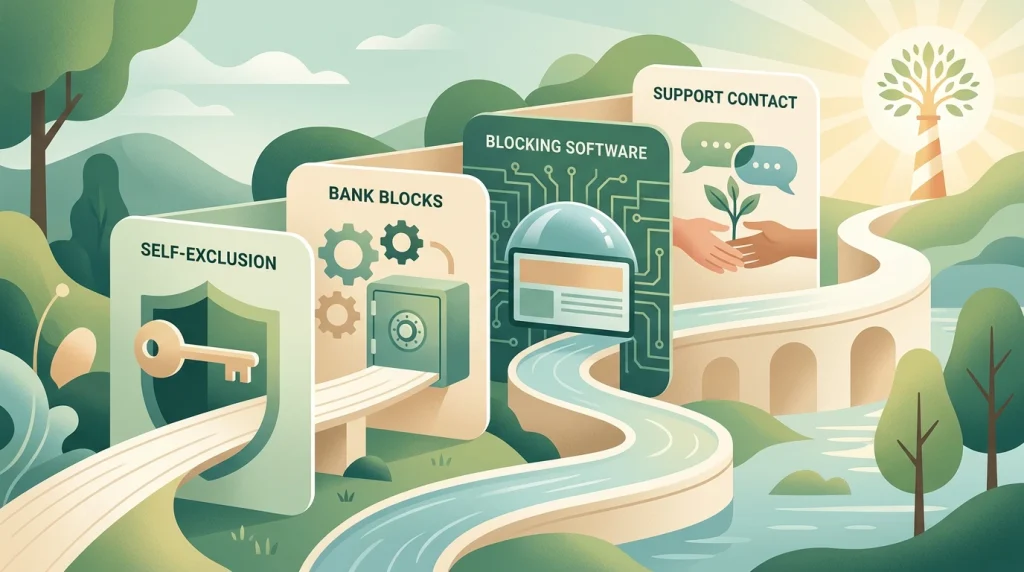 Decision path showing self-exclusion, bank blocks and support options as protective layers