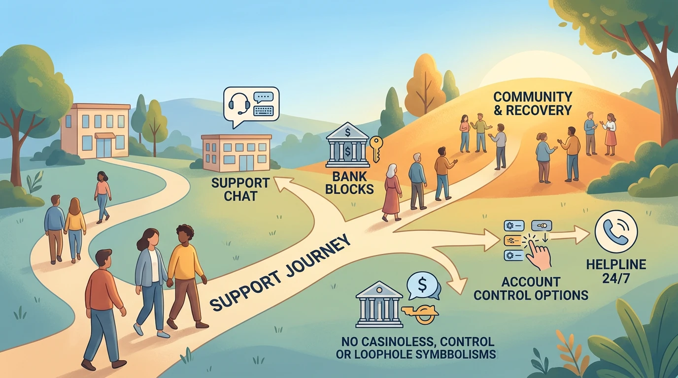 A calm route map pointing from self-exclusion and bank blocks toward support options